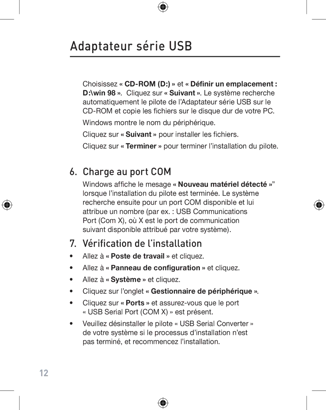 Belkin F5U103VEA Charge au port COM, Vérification de l’installation, Cliquez sur l’onglet « Gestionnaire de périphérique » 