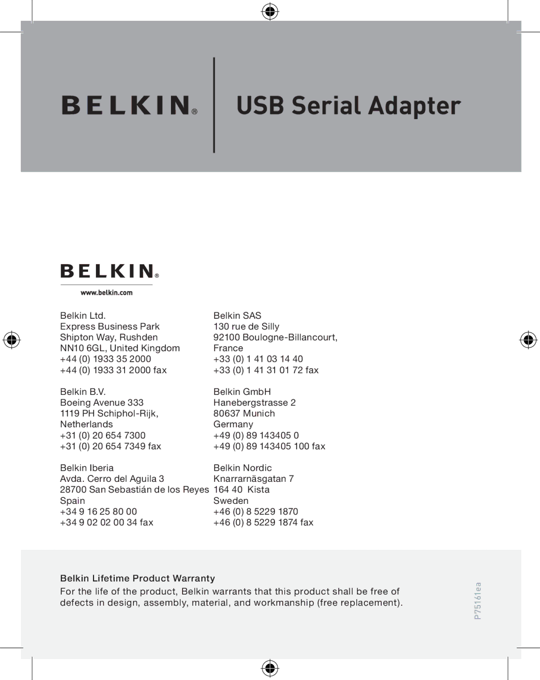 Belkin F5U103VEA user manual USB Serial Adapter 