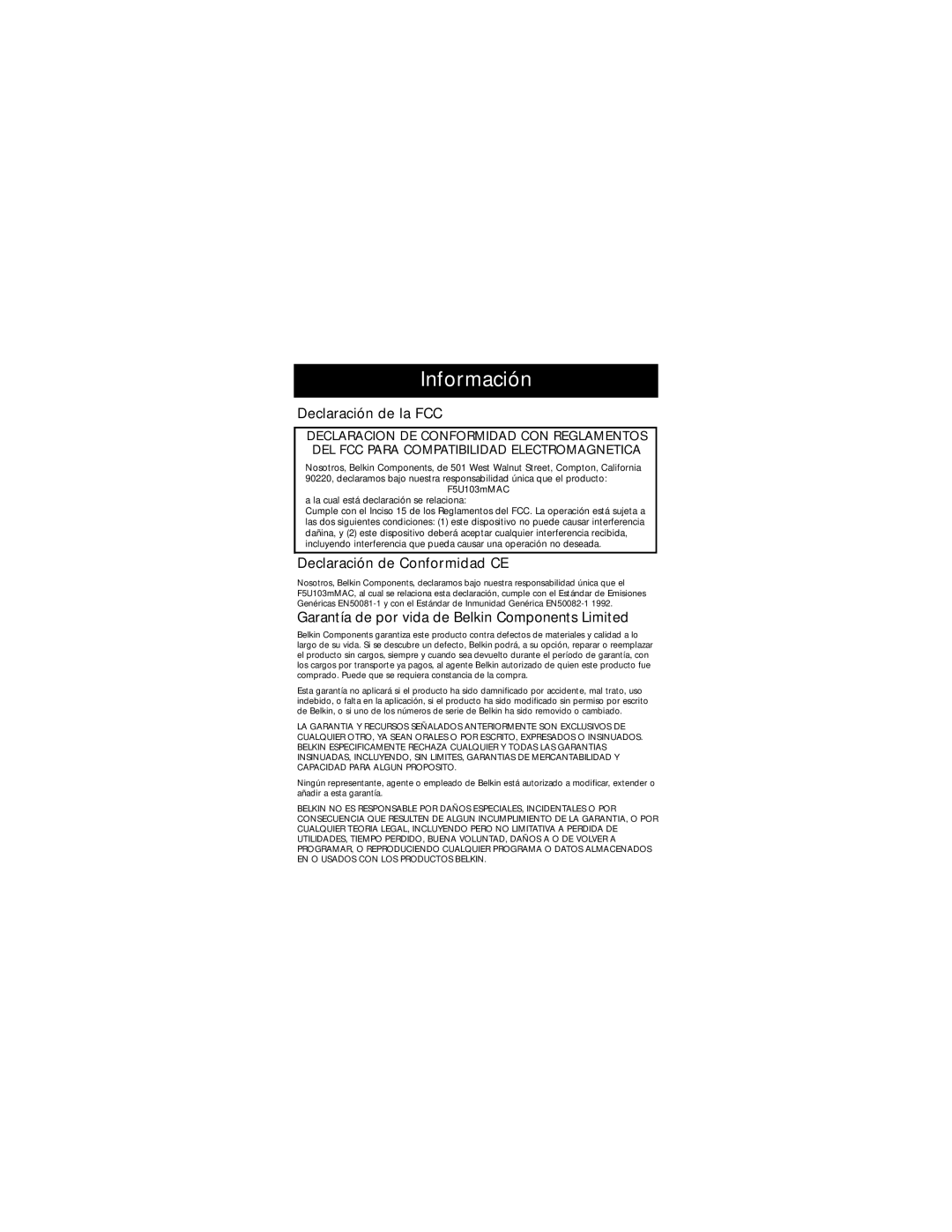 Belkin F5U114-MAC user manual Información, Declaración de la FCC, Declaración de Conformidad CE 