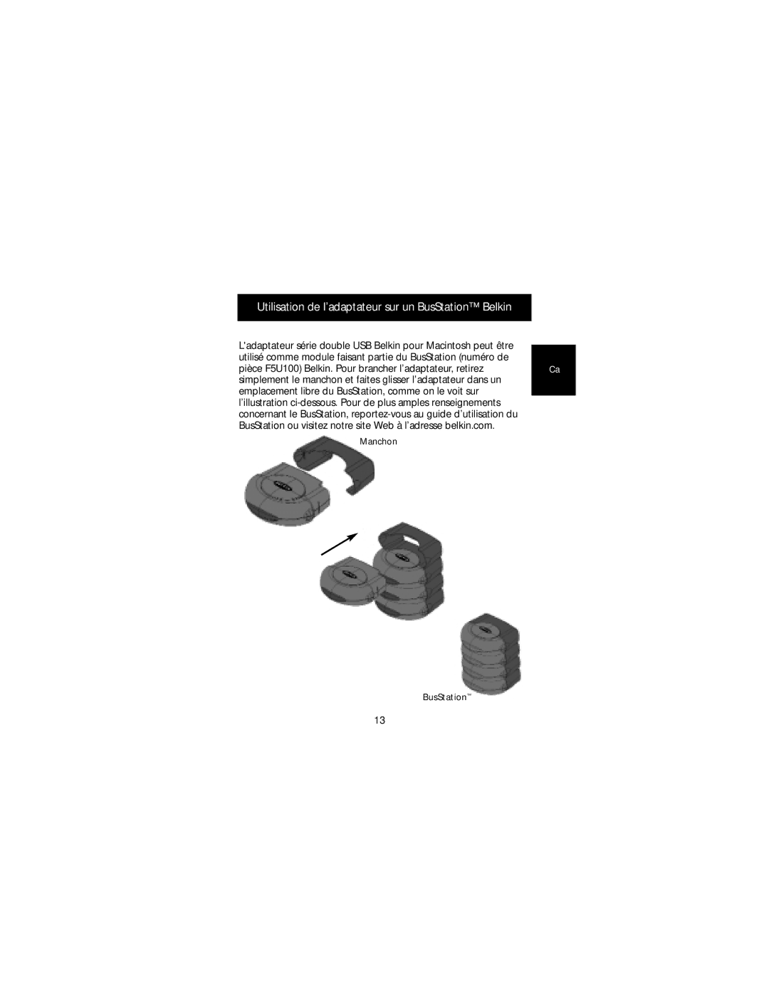 Belkin F5U114-MAC user manual Utilisation de l’adaptateur sur un BusStation Belkin 