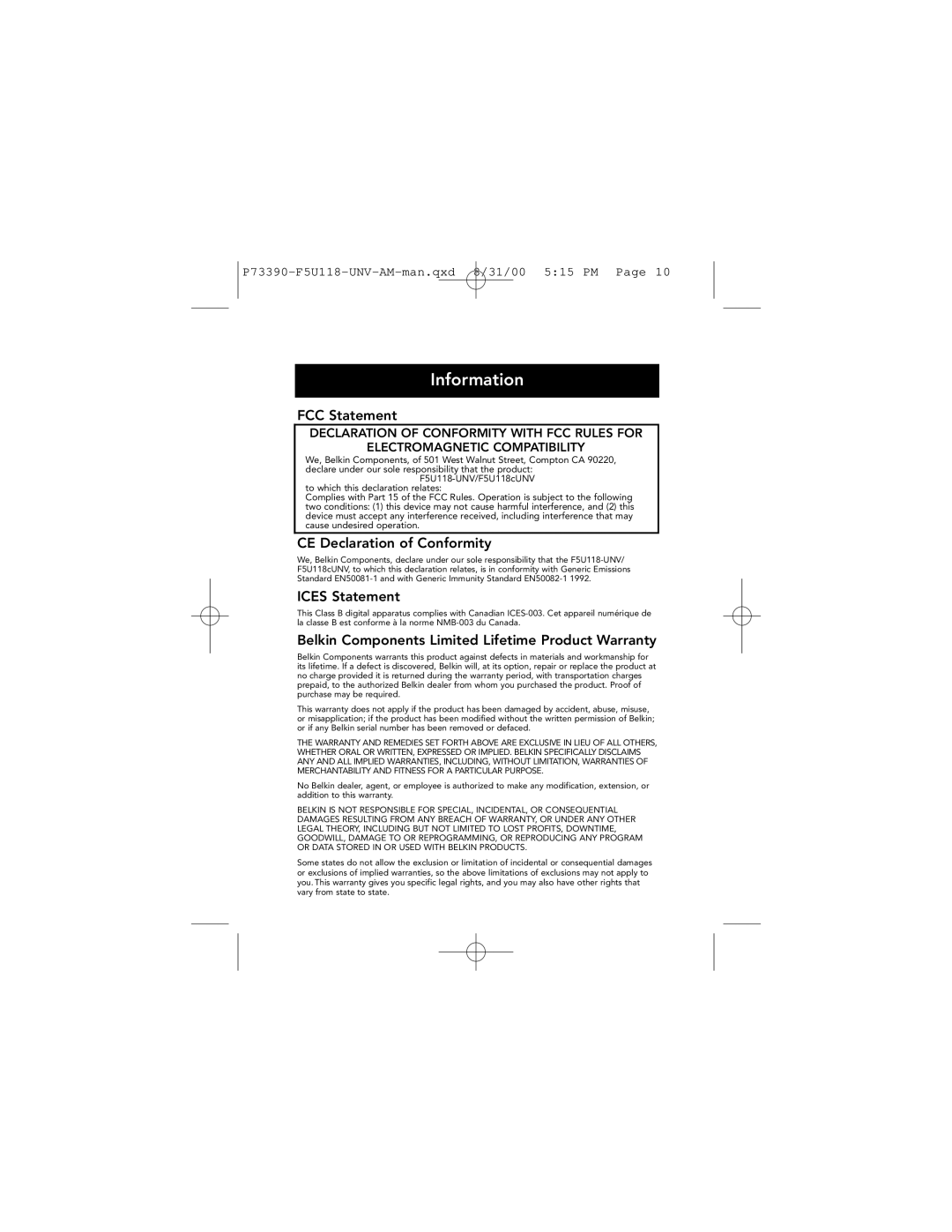 Belkin F5U118-UNV manual Information, FCC Statement, CE Declaration of Conformity, ICES Statement 