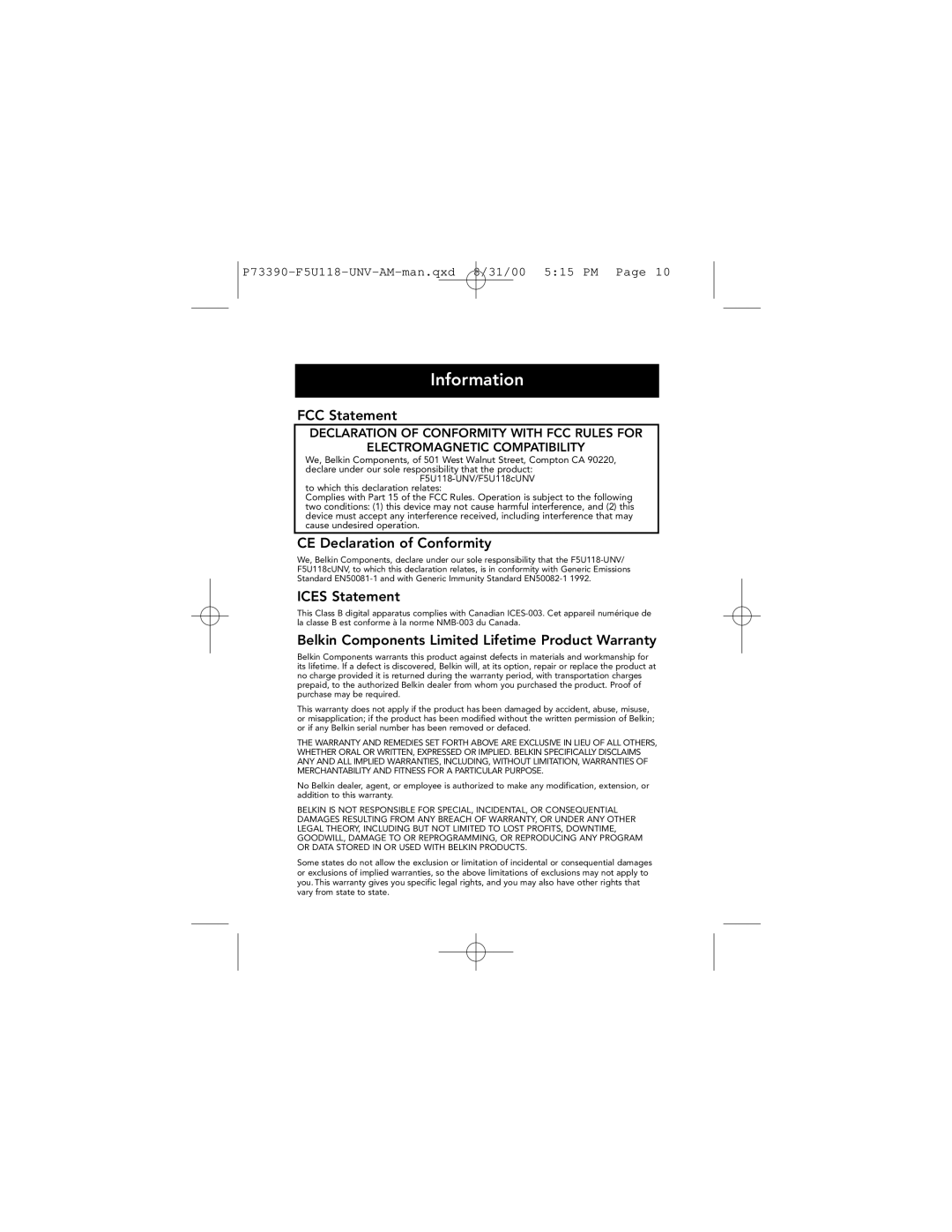 Belkin F5U118-UNV manual Information, FCC Statement 