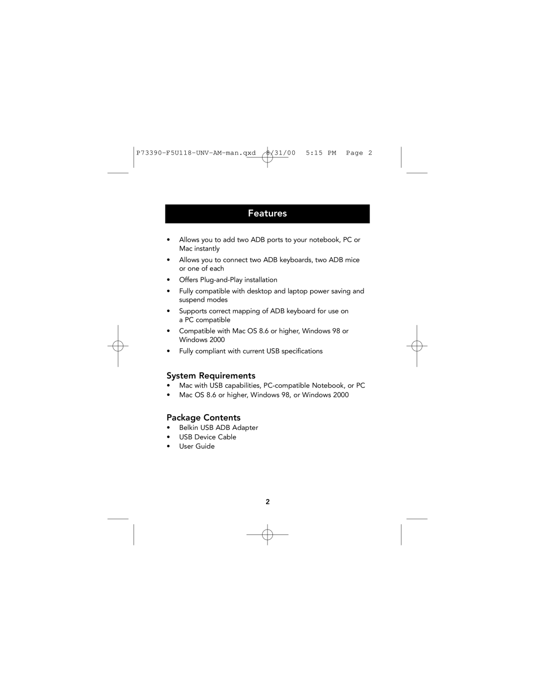 Belkin F5U118-UNV manual Features, System Requirements 