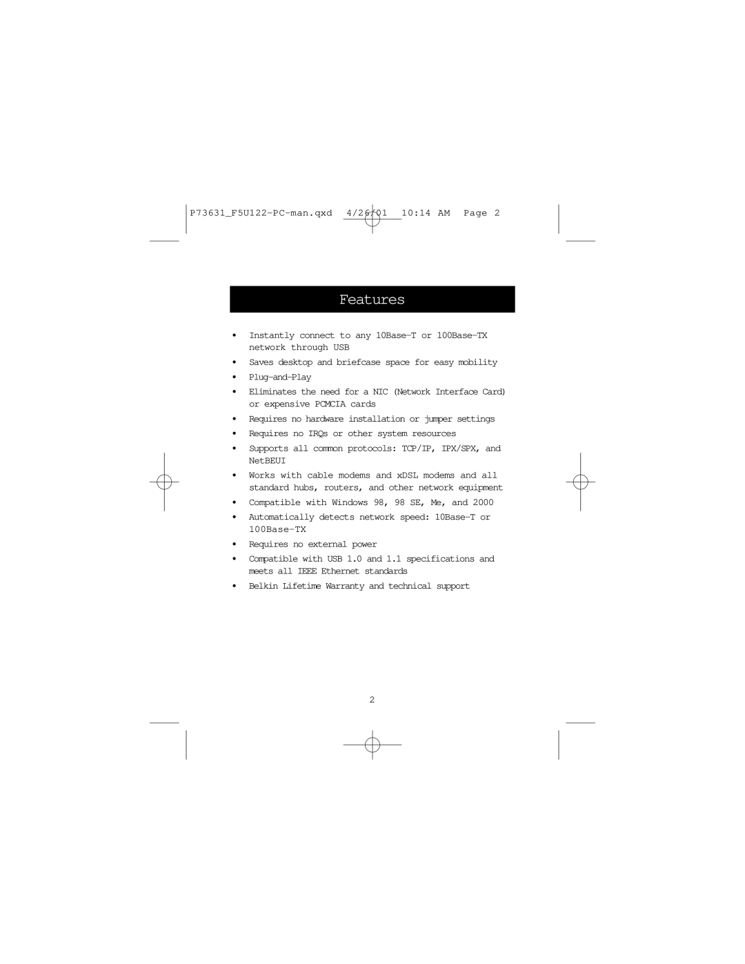 Belkin F5U122-PC user manual Features 