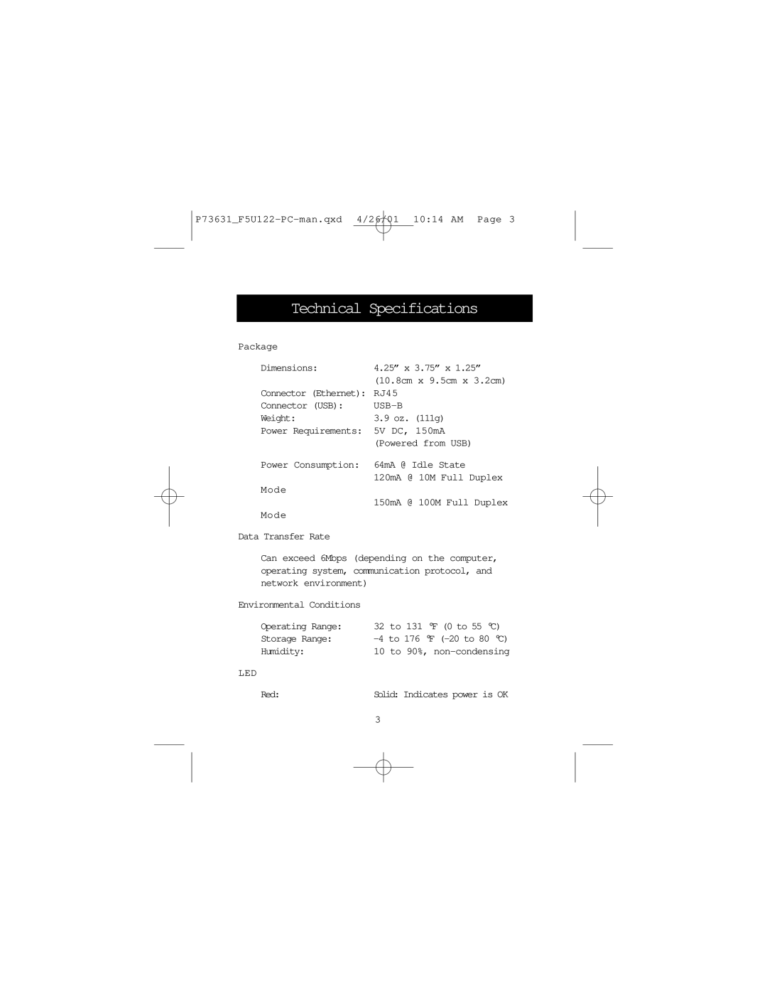 Belkin F5U122-PC user manual Technical Specifications 