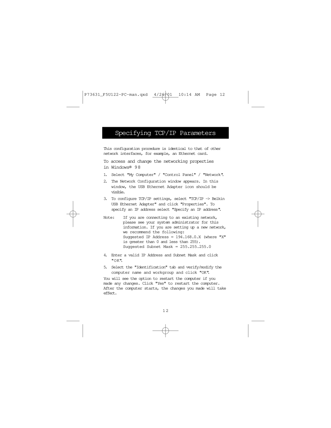 Belkin F5U122-PC user manual Specifying TCP/IP Parameters, To access and change the networking properties in Windows 