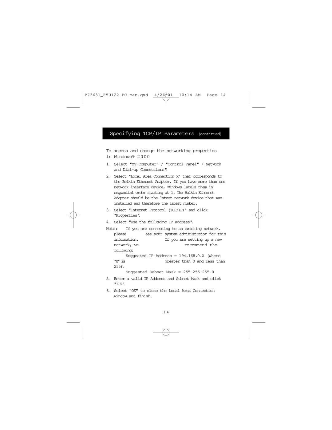 Belkin F5U122-PC user manual Specifying TCP/IP Parameters 