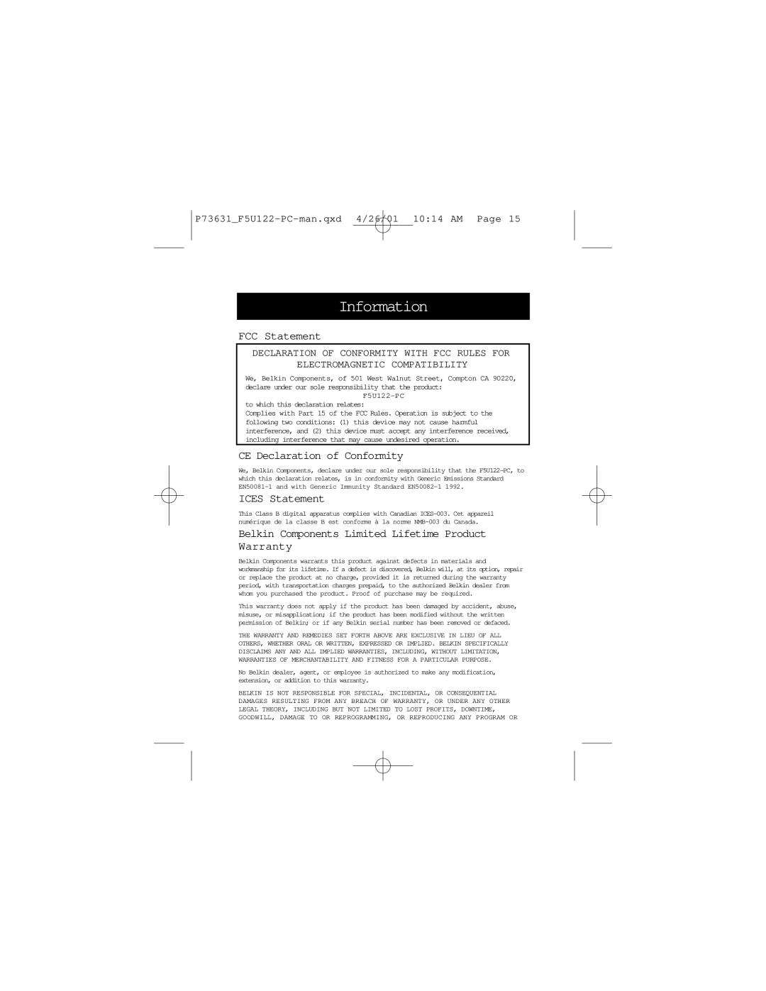 Belkin F5U122-PC user manual Information, FCC Statement, CE Declaration of Conformity, Ices Statement 