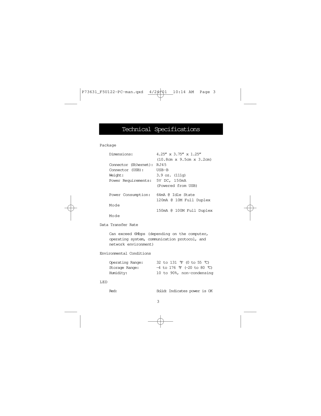 Belkin F5U122-PC user manual Technical Specifications 