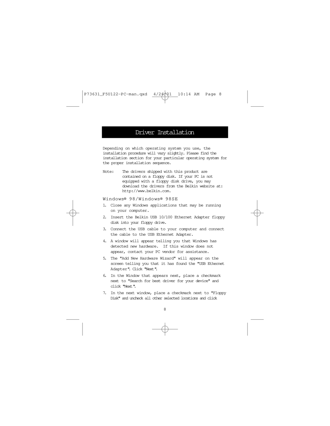 Belkin F5U122-PC user manual Driver Installation, Windows 98/Windows 98SE 