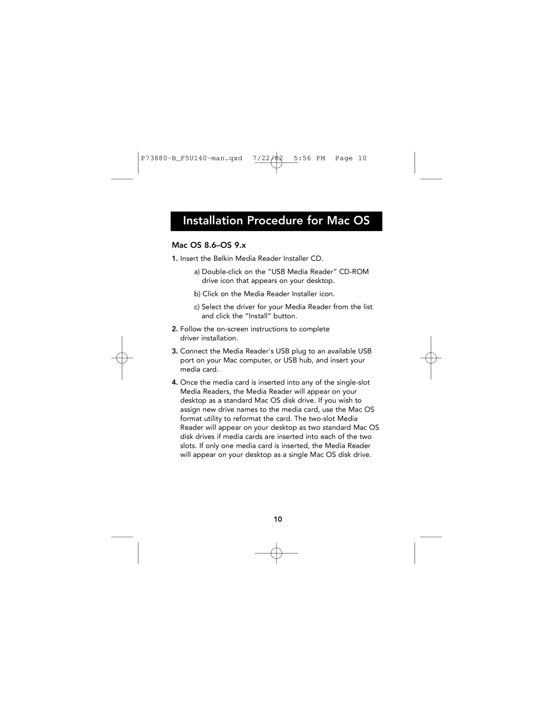 Belkin F5U140 user manual Installation Procedure for Mac OS, Mac OS 8.6-OS 