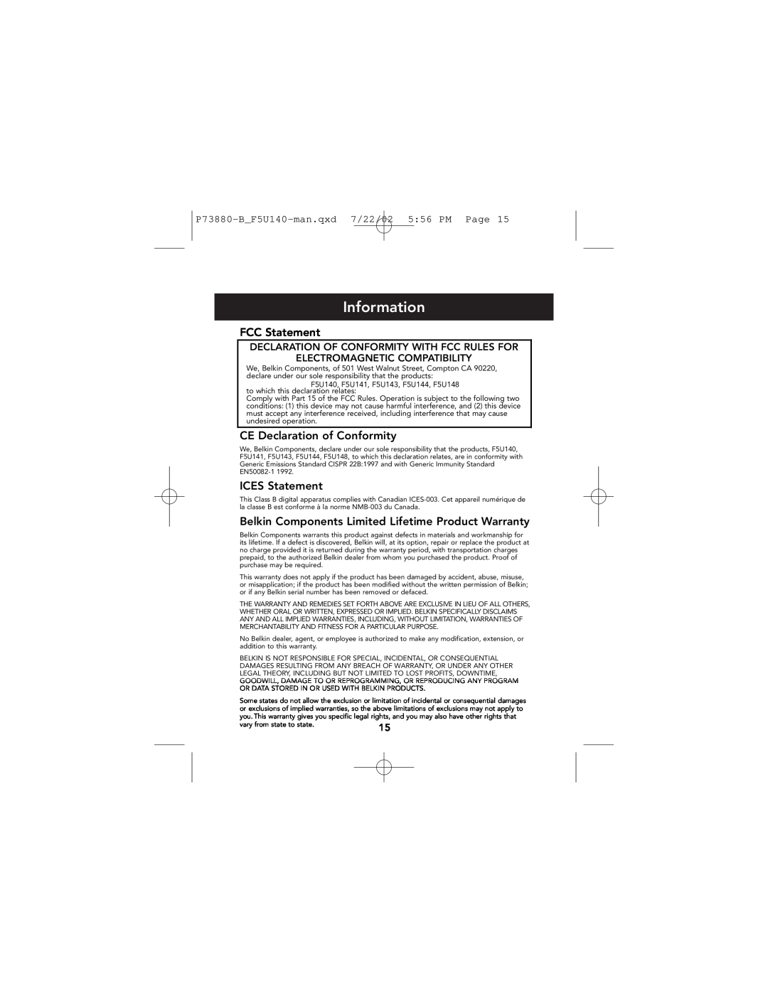 Belkin F5U140 user manual Information, FCC Statement, CE Declaration of Conformity, ICES Statement 
