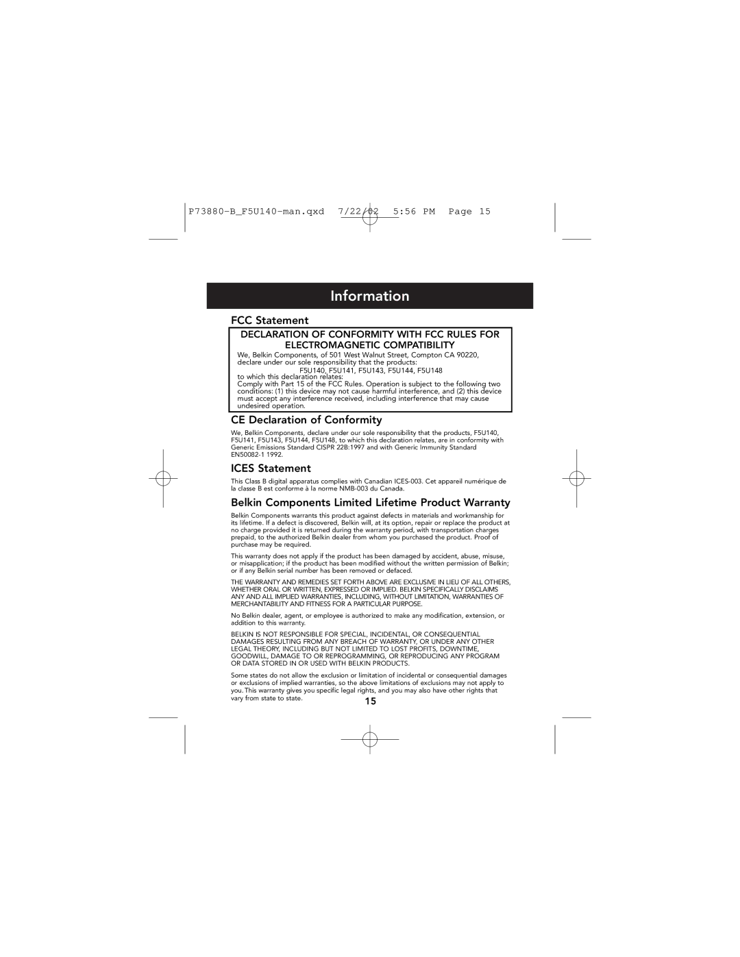 Belkin F5U140 user manual Information, FCC Statement, CE Declaration of Conformity, Ices Statement 