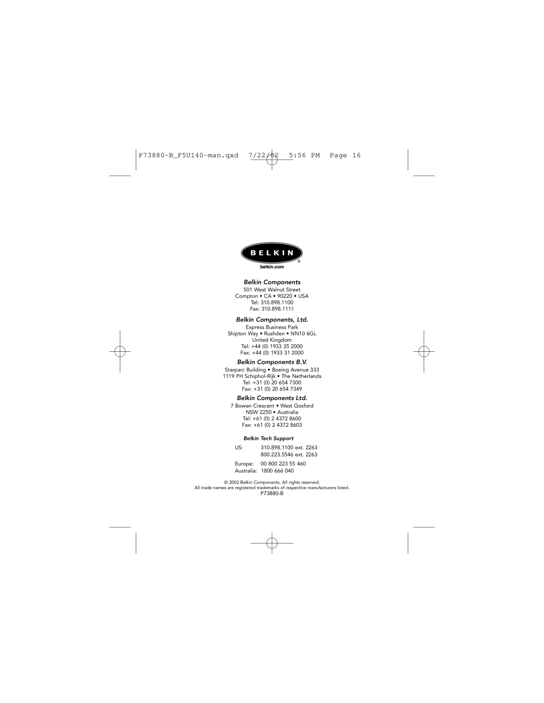 Belkin F5U140 user manual Belkin Components 