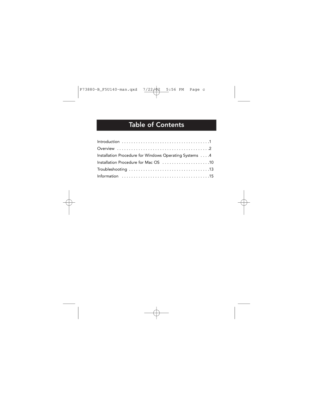 Belkin F5U140 user manual Table of Contents 