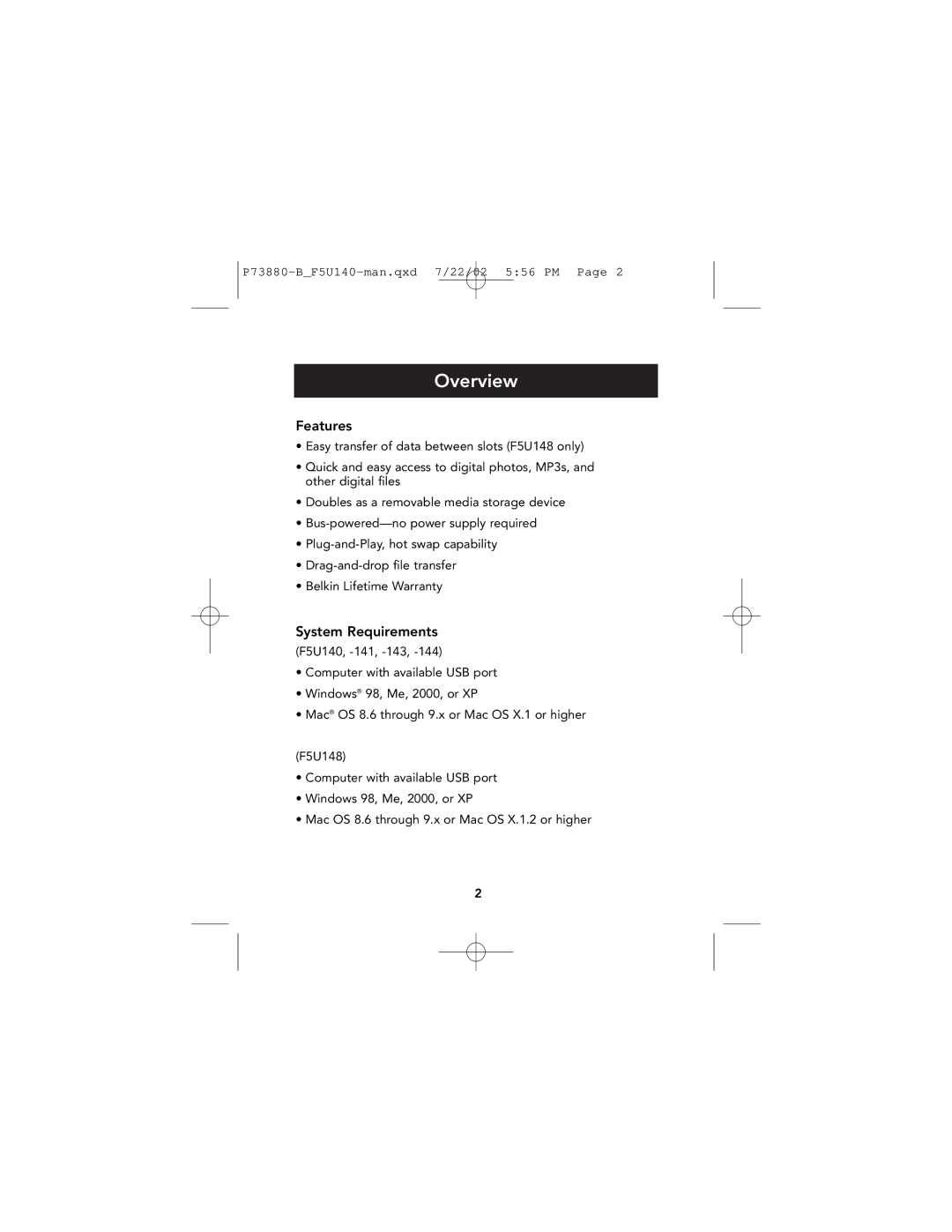 Belkin F5U140 user manual Overview, Features, System Requirements 