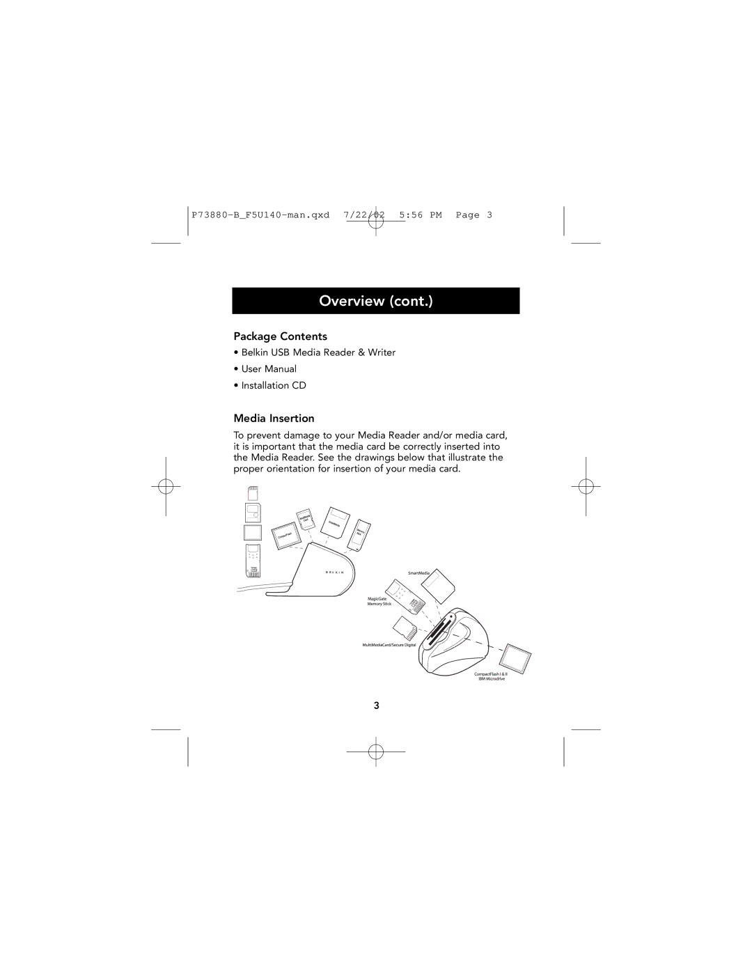 Belkin F5U140 user manual Package Contents, Media Insertion 