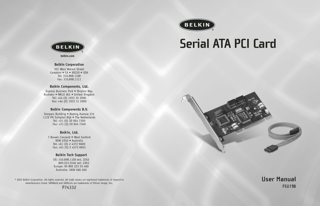 Belkin F5U198 user manual Serial ATA PCI Card 