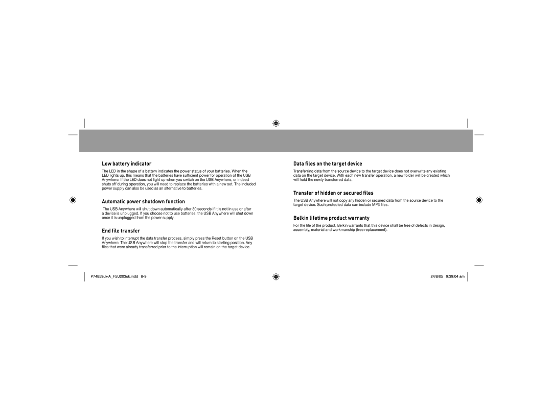 Belkin F5U203UK warranty Low battery indicator, Automatic power shutdown function, End file transfer 