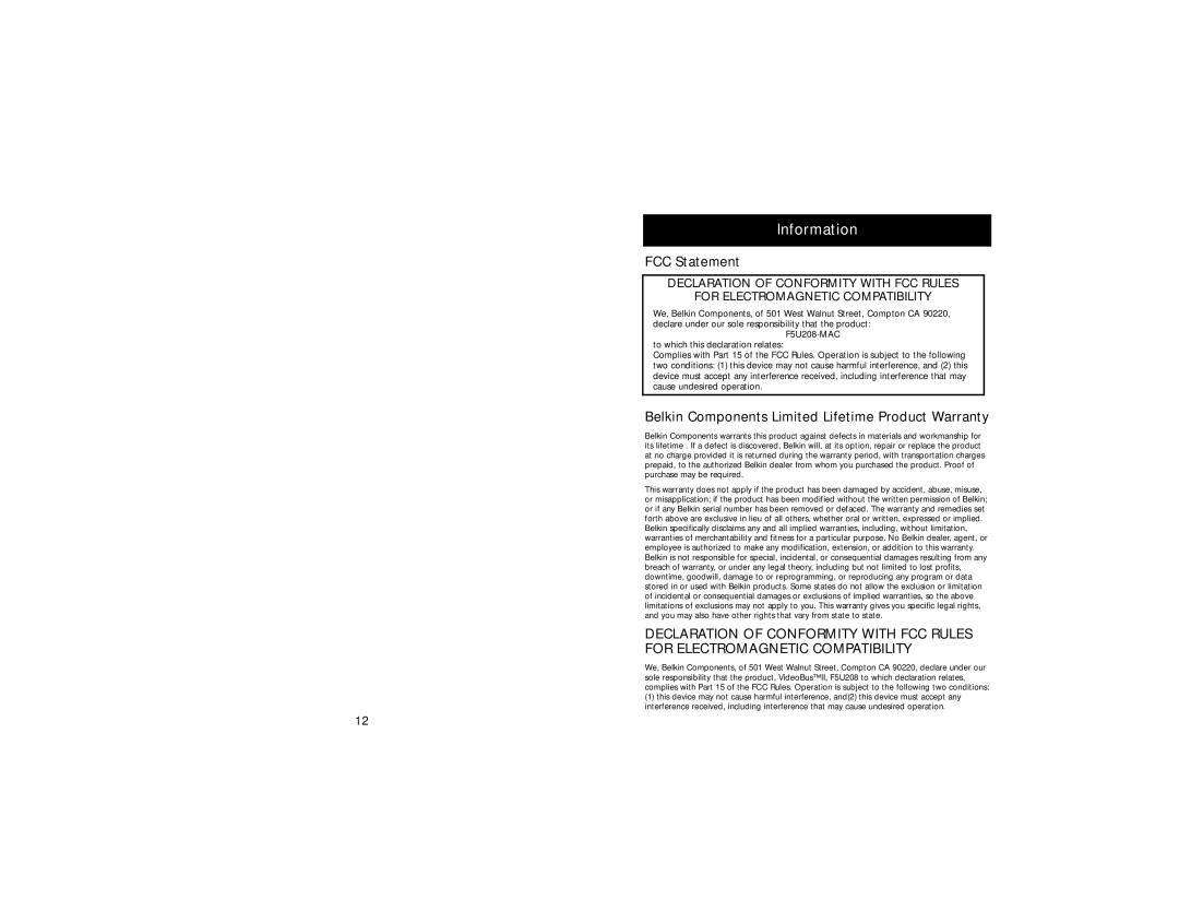 Belkin F5U208-MAC instruction manual Information, FCC Statement, Belkin Components Limited Lifetime Product Warranty 