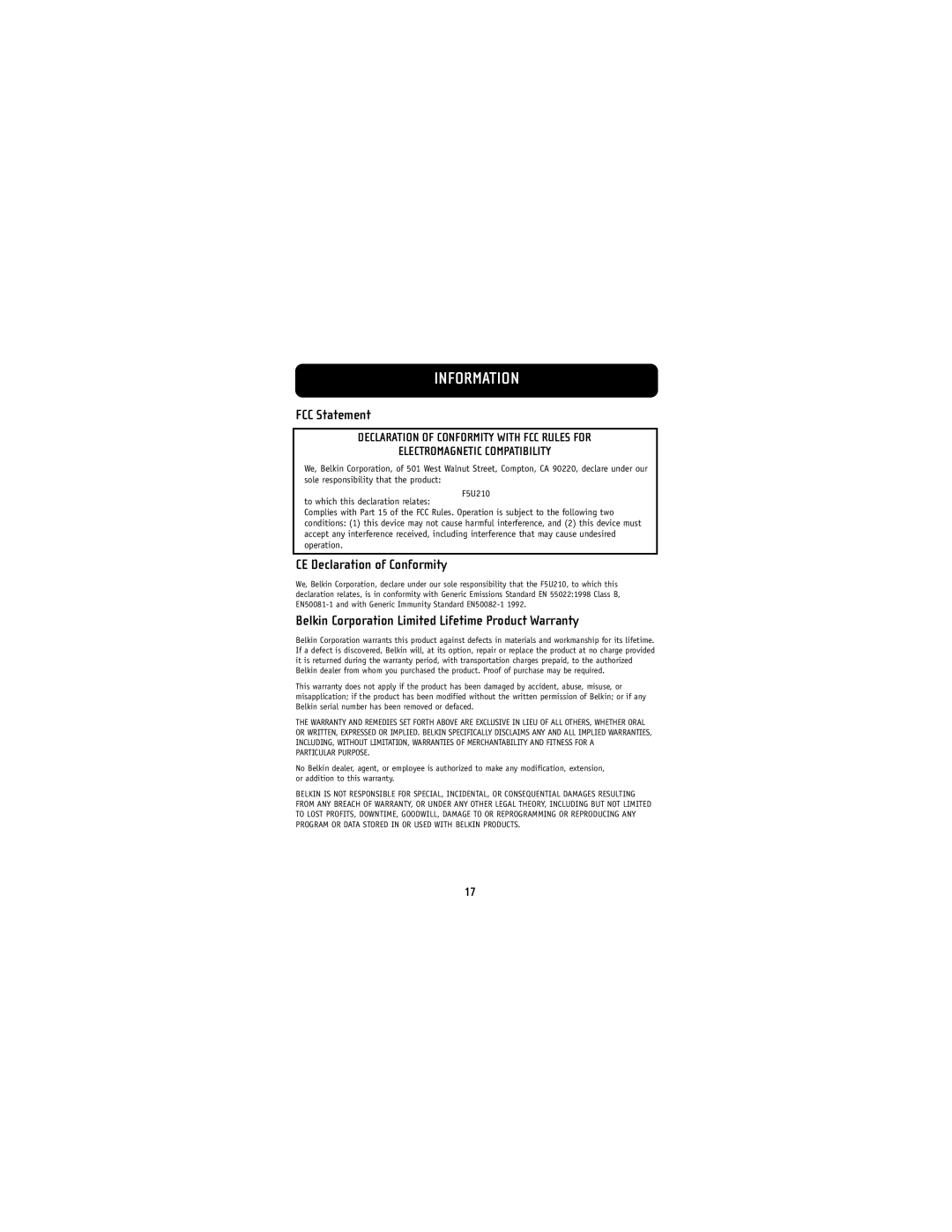 Belkin F5U210 user manual Information, FCC Statement 