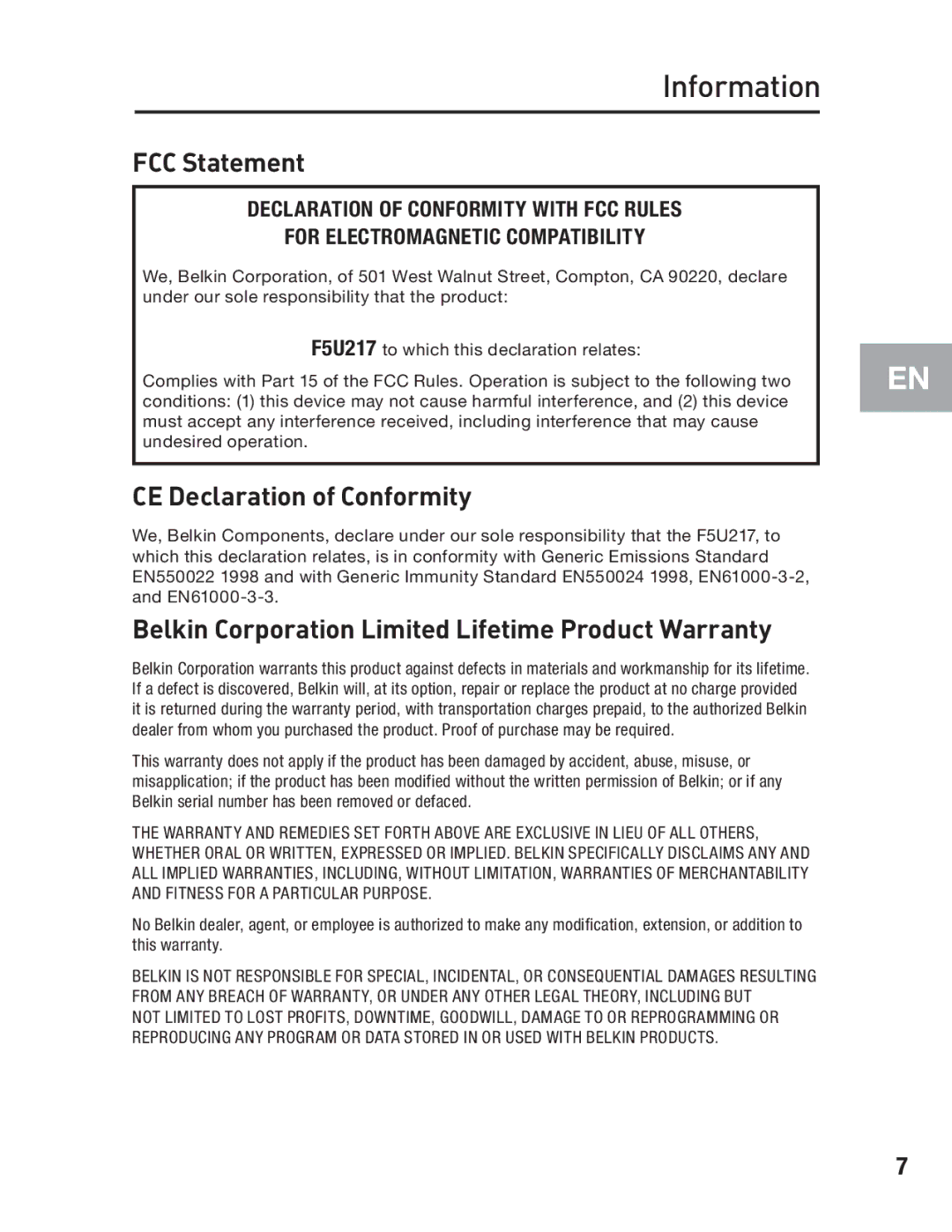 Belkin F5U217 user manual Information, FCC Statement 