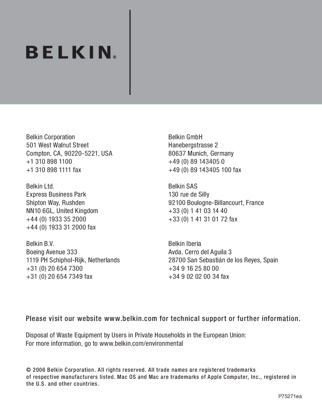 Belkin F5U217 user manual 89 143405 