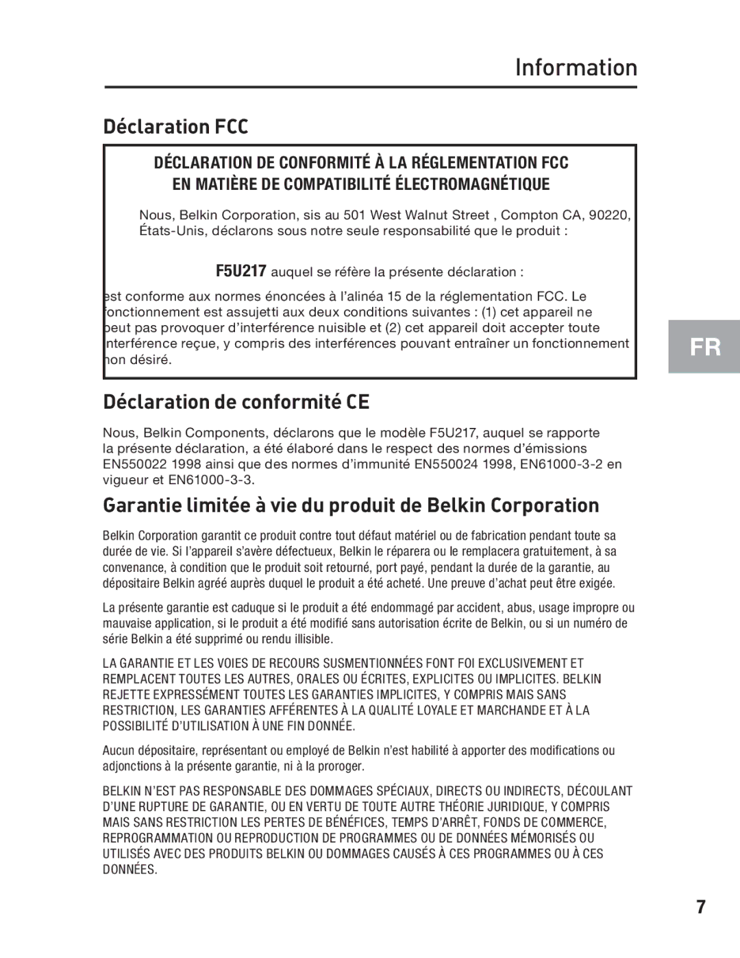 Belkin F5U217 user manual Déclaration FCC 