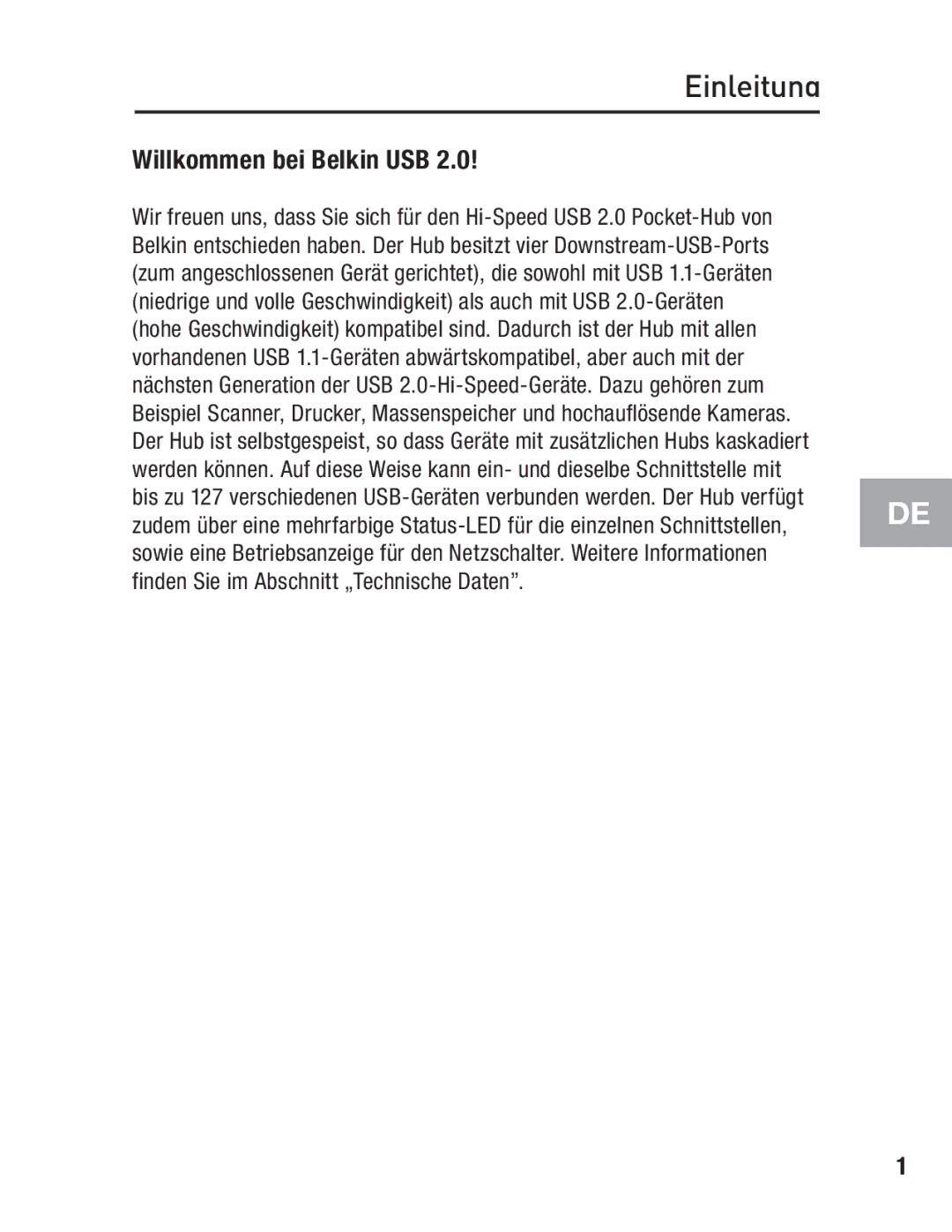 Belkin F5U217 user manual Einleitung, Willkommen bei Belkin USB 