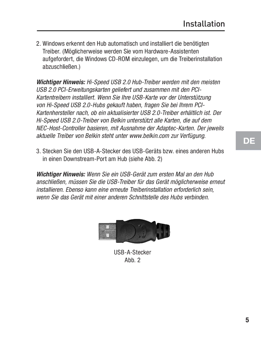 Belkin F5U217 user manual USB-A-Stecker Abb 