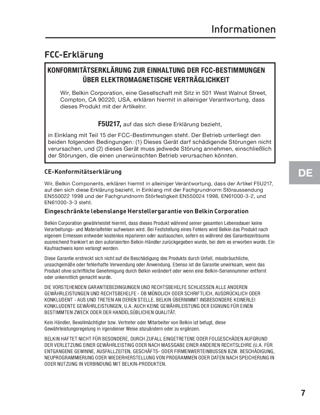 Belkin F5U217 user manual Informationen, FCC-Erklärung 