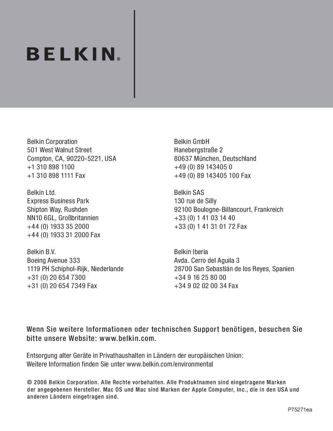 Belkin F5U217 user manual NN10 6GL, Großbritannien 