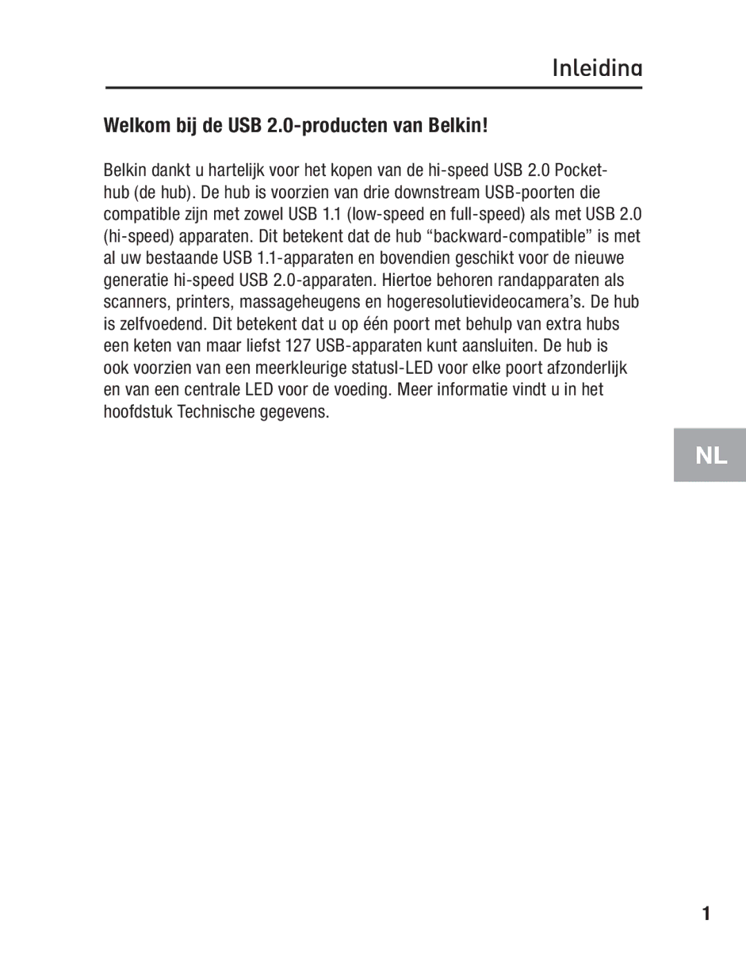 Belkin F5U217 user manual Inleiding, Welkom bij de USB 2.0-producten van Belkin 