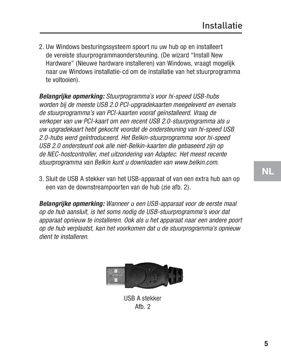 Belkin F5U217 user manual USB a stekker Afb 