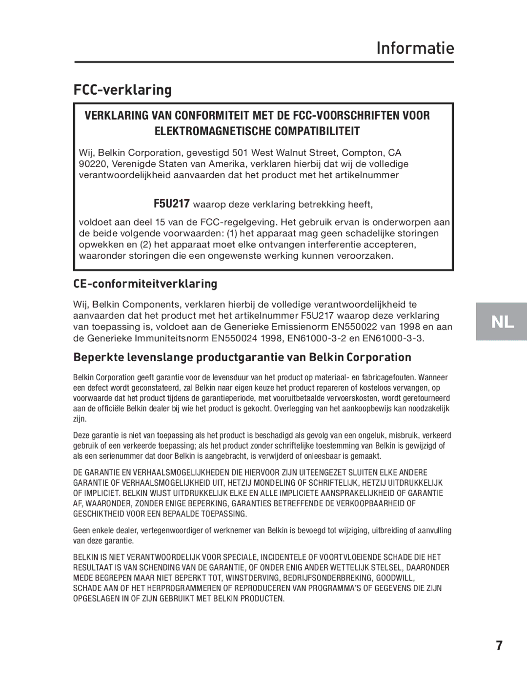 Belkin F5U217 user manual Informatie, FCC-verklaring 