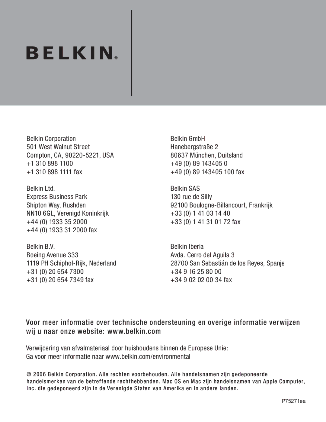 Belkin F5U217 user manual NN10 6GL, Verenigd Koninkrijk 