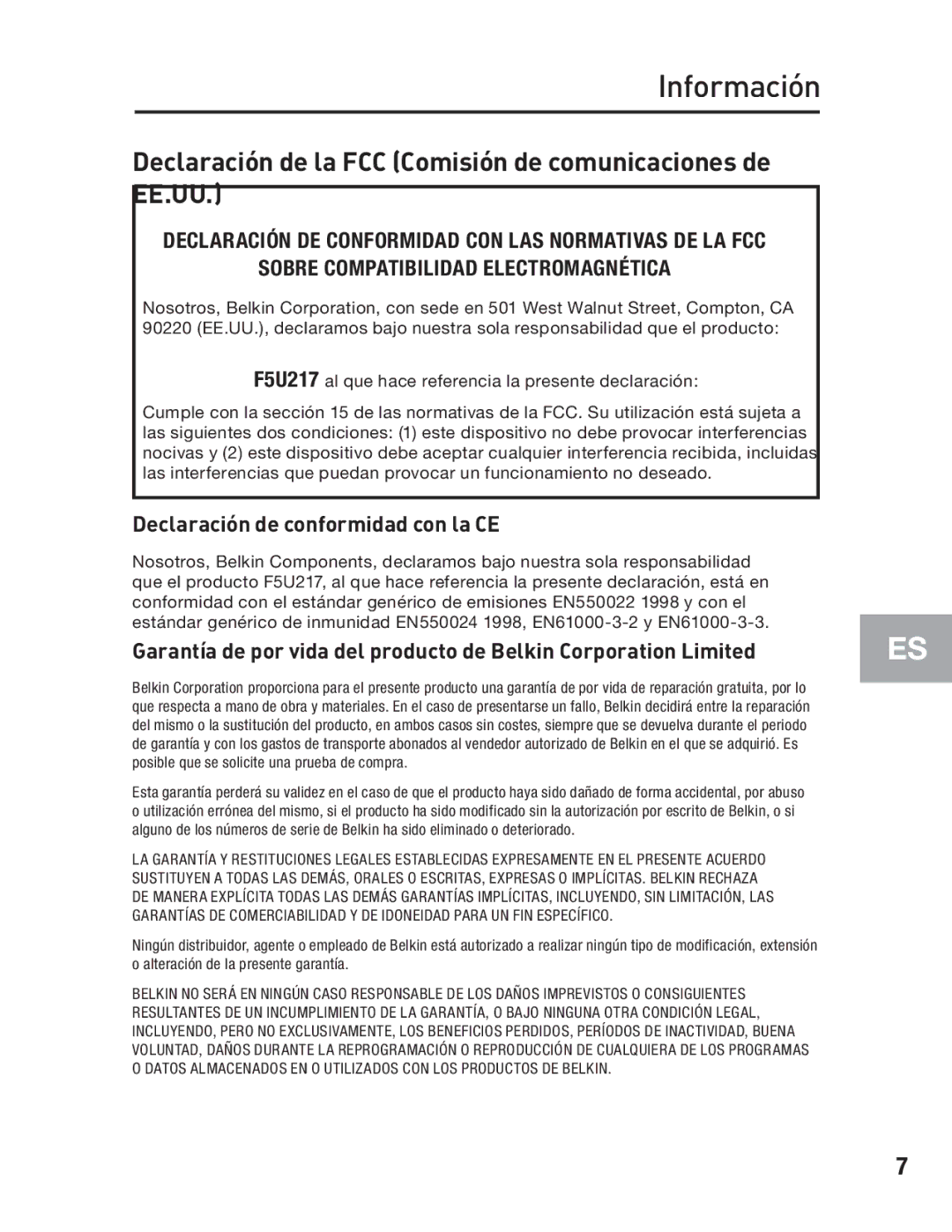 Belkin F5U217 user manual Información, Declaración de la FCC Comisión de comunicaciones de EE.UU 