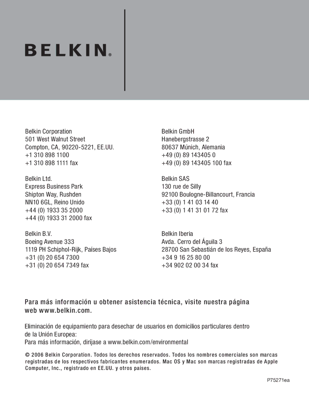 Belkin F5U217 user manual NN10 6GL, Reino Unido 