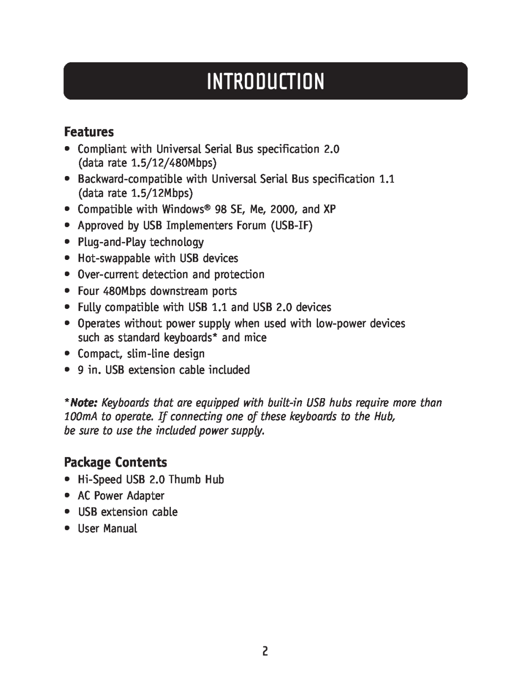 Belkin F5U218-MOB user manual Features, Package Contents, Introduction 