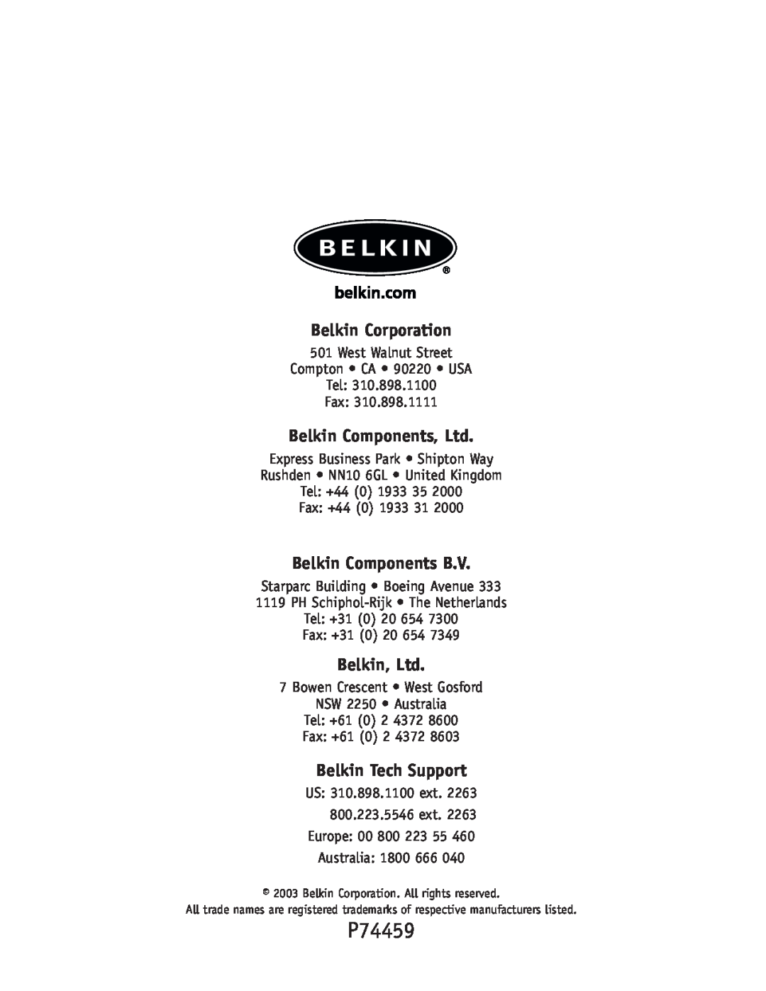 Belkin F5U218-MOB user manual P74459, Belkin Corporation, Belkin Components B.V, Belkin Tech Support 