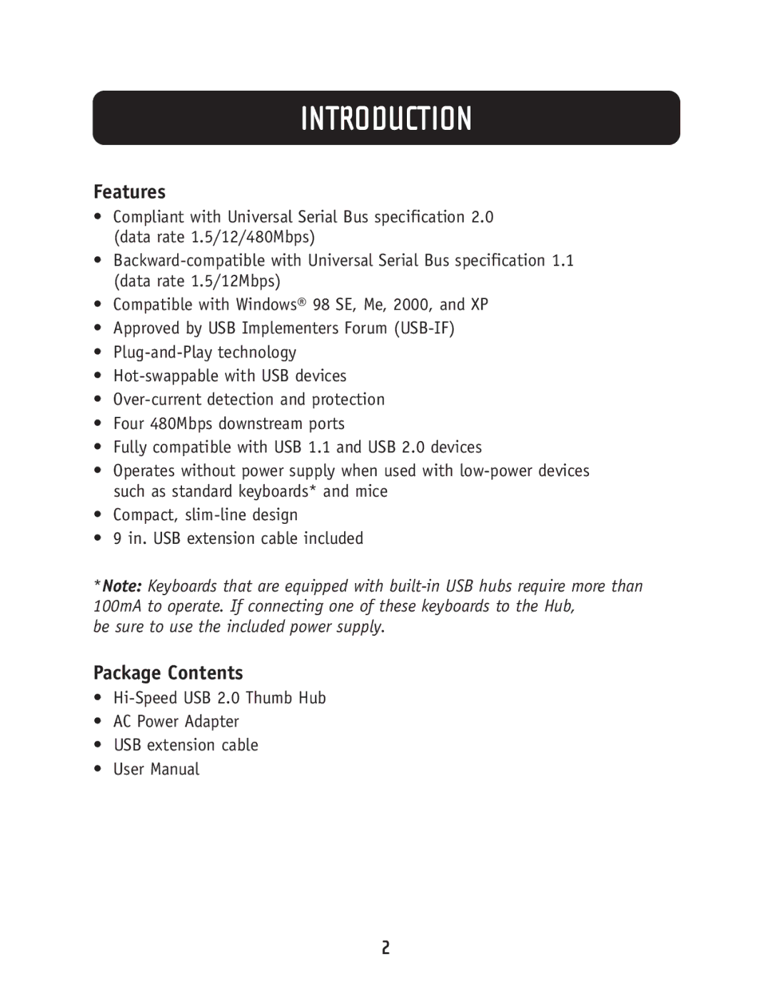 Belkin F5U218-MOB user manual Package Contents 