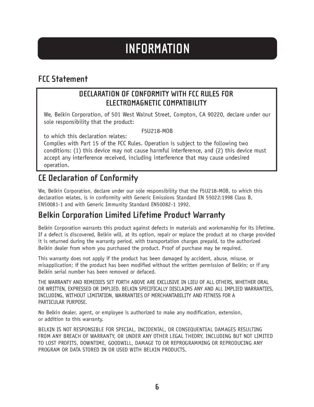 Belkin F5U218-MOB user manual Information, FCC Statement 