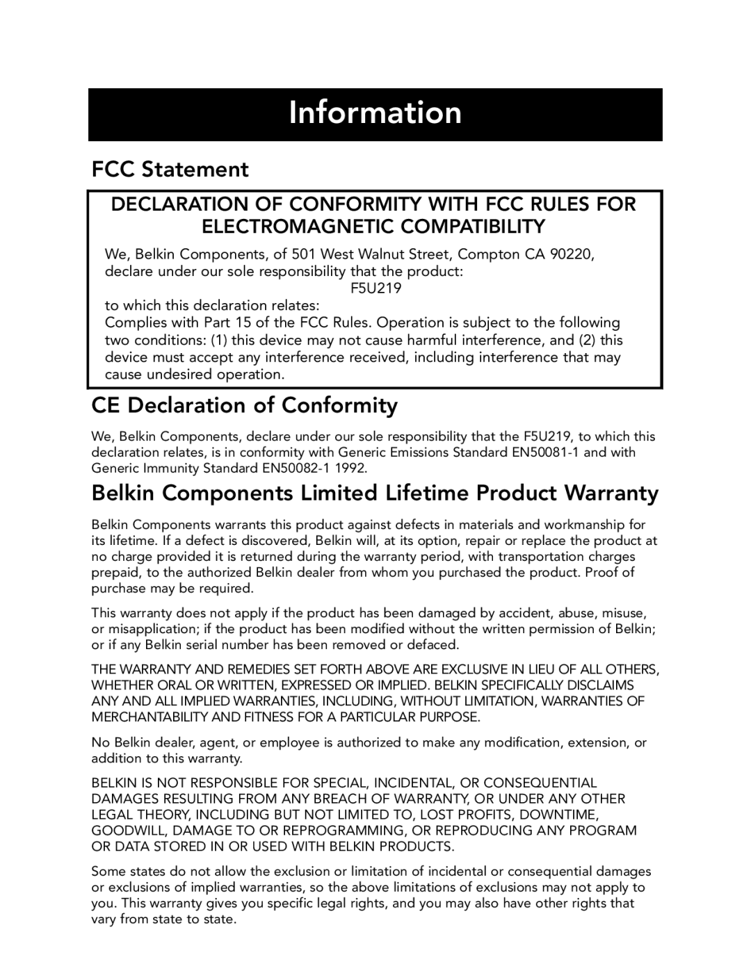 Belkin F5U219 manual Information, FCC Statement, CE Declaration of Conformity, Declaration Of Conformity With Fcc Rules For 