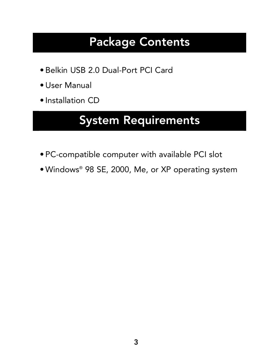 Belkin P73941, F5U219 manual Package Contents, System Requirements, PC-compatible computer with available PCI slot 
