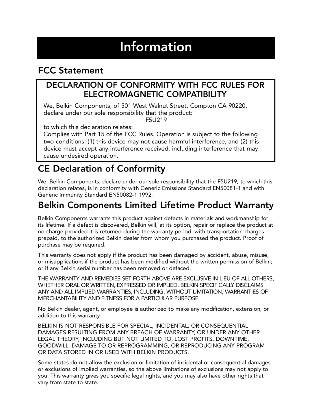 Belkin F5U219, P73941 manual Information, FCC Statement 