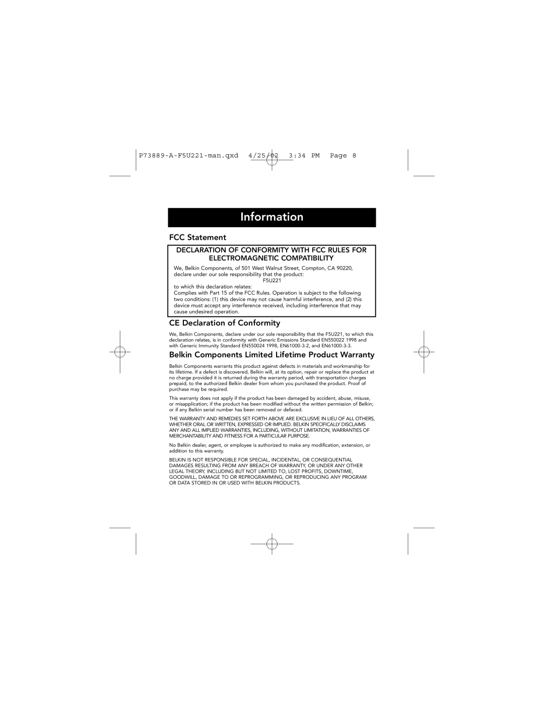 Belkin F5U221 user manual Information, FCC Statement 