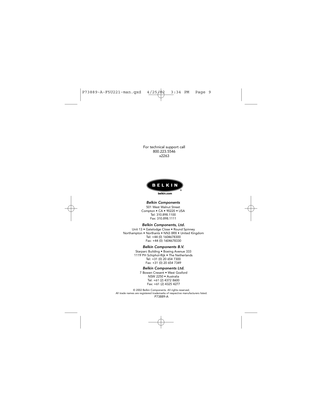 Belkin F5U221 user manual Belkin Components 