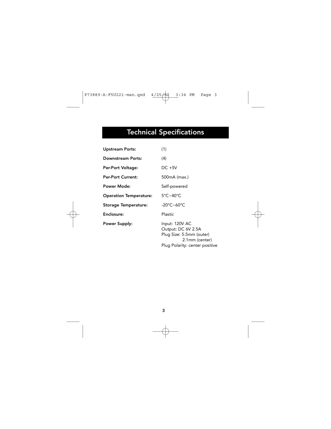 Belkin F5U221 user manual Technical Specifications 