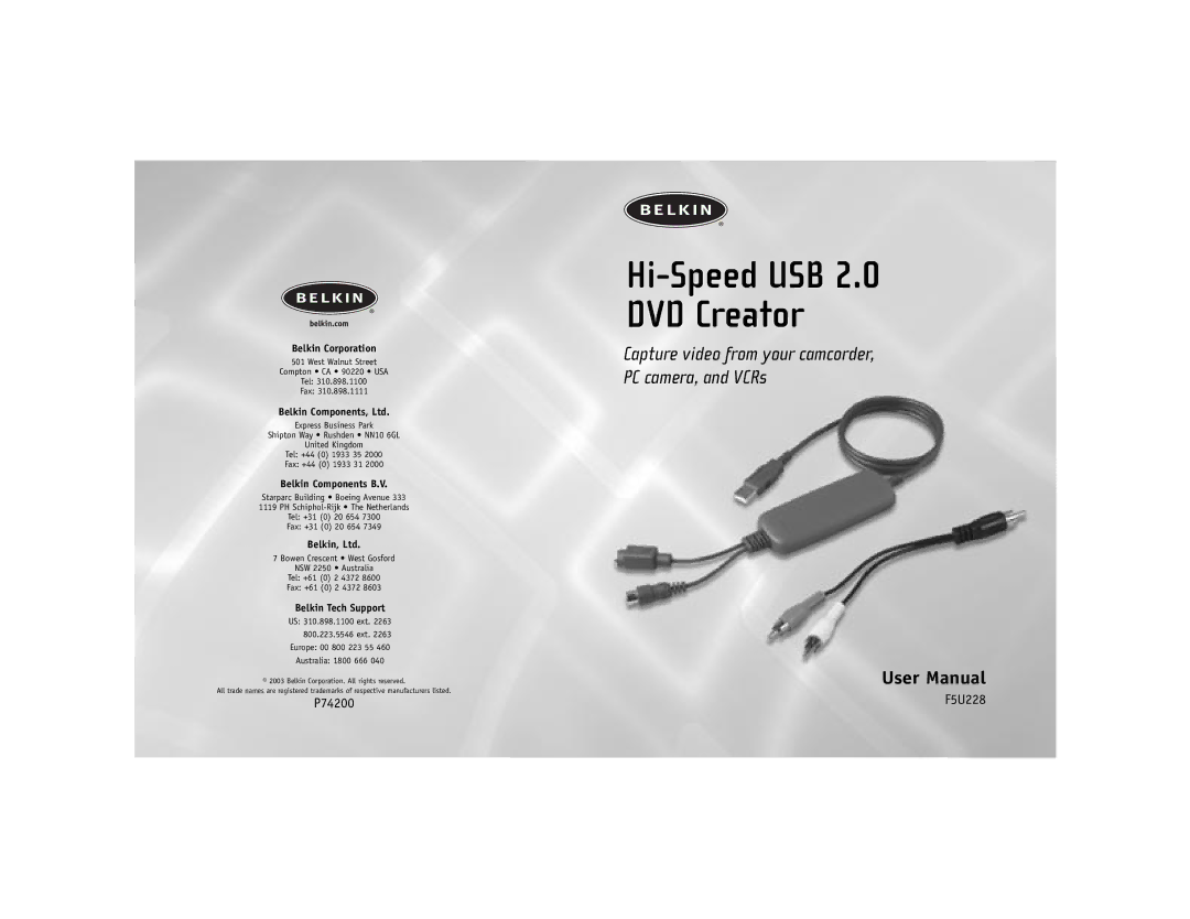 Belkin F5U228 manual Hi-Speed USB DVD Creator 