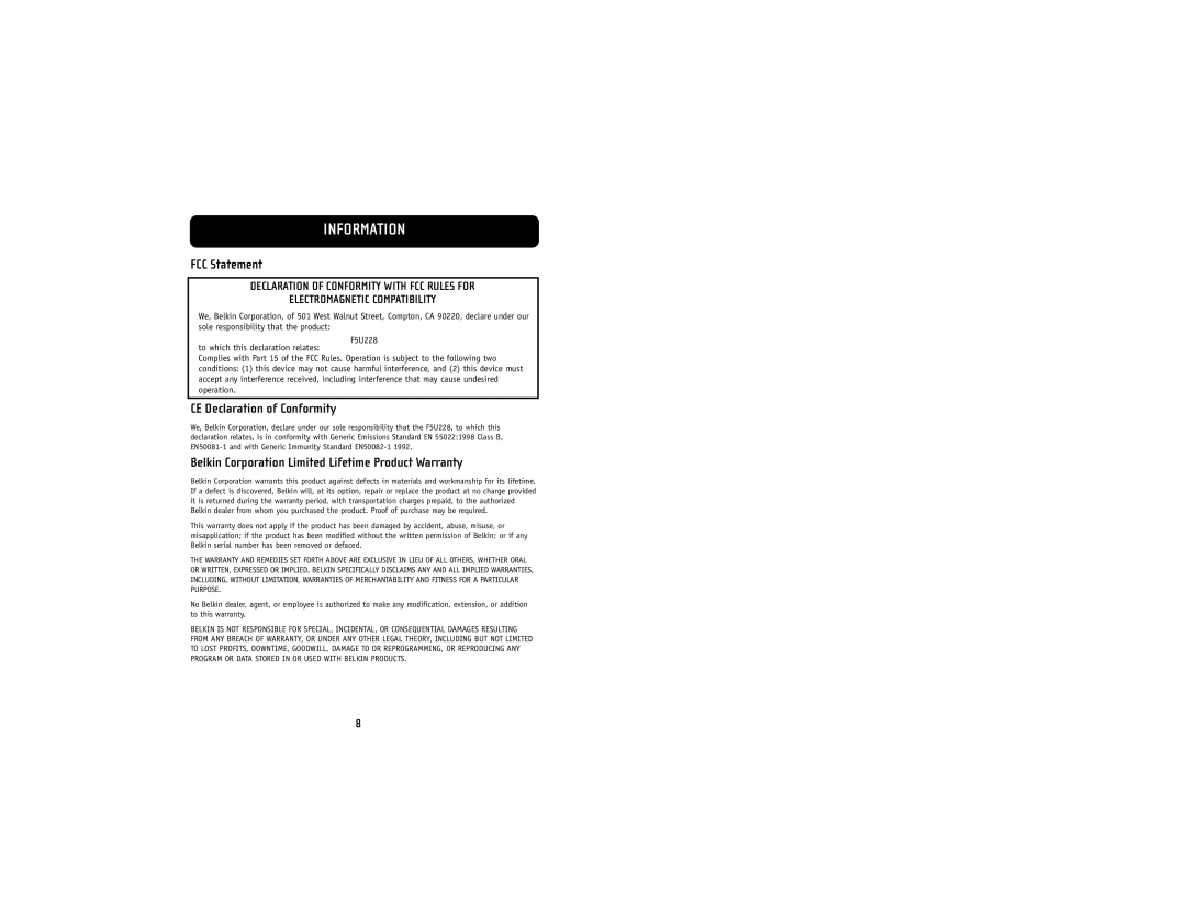 Belkin F5U228 manual Information, FCC Statement 